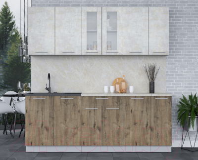 Кухонный гарнитур Интерлиния Мила 21 (бетон лайт/дуб веллингтон/опал светлый)