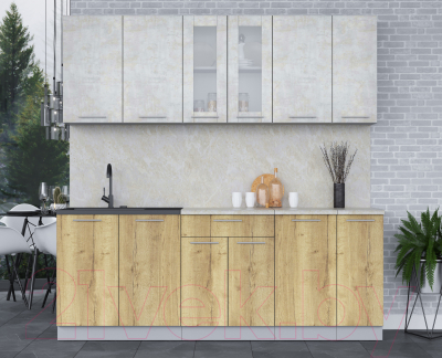 Кухонный гарнитур Интерлиния Мила 21 (бетон лайт/дуб золотой/опал светлый)