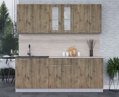 Кухонный гарнитур Интерлиния Мила 21 (дуб веллингтон/дуб веллингтон/травертин серый)