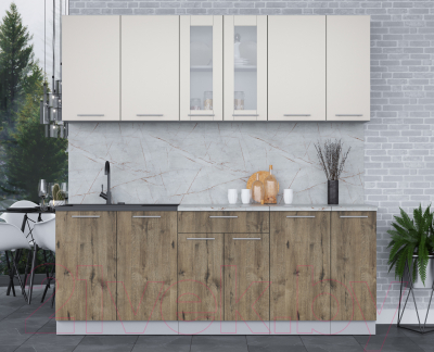 Кухонный гарнитур Интерлиния Мила 21 (персидский жемчуг/дуб веллингтон/серый каспий)