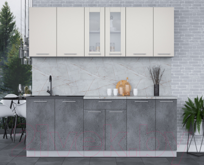 Кухонный гарнитур Интерлиния Мила 21 (персидский жемчуг/бетон портленд/серый каспий)