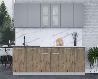 Кухонный гарнитур Интерлиния Мила 21 (серебро/дуб веллингтон/белый гранит)