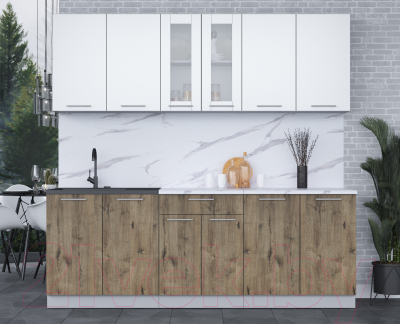 Кухонный гарнитур Интерлиния Мила 22 (белый платинум/дуб веллингтон/белый гранит)