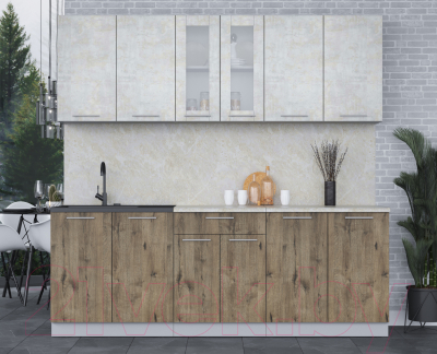 Кухонный гарнитур Интерлиния Мила 22 (бетон лайт/дуб веллингтон/опал светлый)