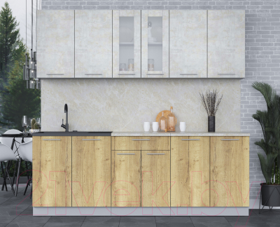 Кухонный гарнитур Интерлиния Мила 22 (бетон лайт/дуб золотой/опал светлый)