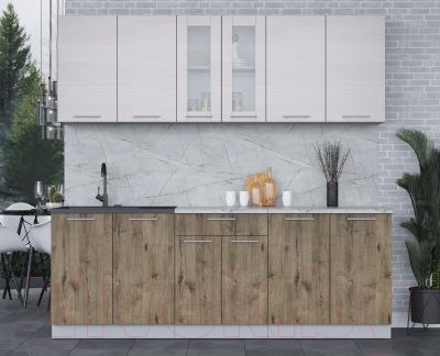 Кухонный гарнитур Интерлиния Мила 22 (вудлайн кремовый/дуб веллингтон/серый каспий)