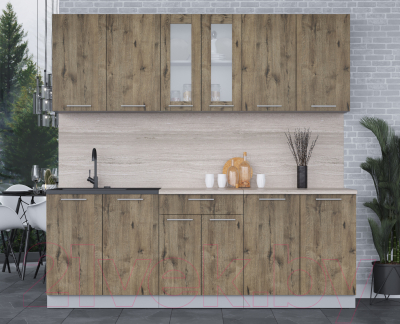 Кухонный гарнитур Интерлиния Мила 22 (дуб веллингтон/дуб веллингтон/травертин серый)