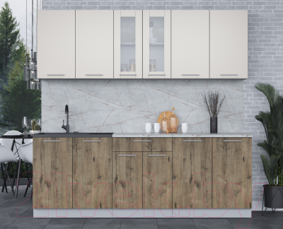 Кухонный гарнитур Интерлиния Мила 22 (персидский жемчуг/дуб веллингтон/серый каспий)