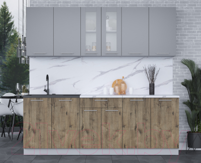 Кухонный гарнитур Интерлиния Мила 22 (серебро/дуб веллингтон/белый гранит)