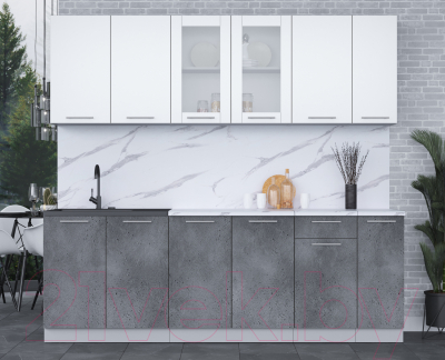 Кухонный гарнитур Интерлиния Мила 23 (белый платинум/бетон портленд/белый гранит)