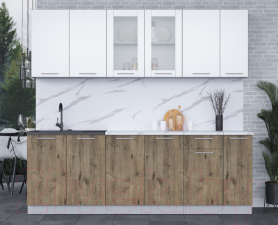 Кухонный гарнитур Интерлиния Мила 23 (белый платинум/дуб веллингтон/белый гранит)