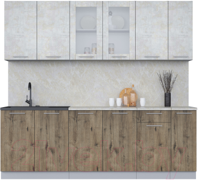 Кухонный гарнитур Интерлиния Мила 23 (бетон лайт/дуб веллингтон/опал светлый) - фото