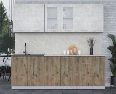 Кухонный гарнитур Интерлиния Мила 23 (бетон лайт/дуб веллингтон/опал светлый)