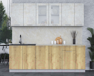 Кухонный гарнитур Интерлиния Мила 23 (бетон лайт/дуб золотой/опал светлый)