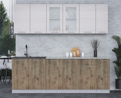 Кухонный гарнитур Интерлиния Мила 23 (вудлайн кремовый/дуб веллингтон/серый каспий)