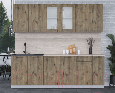 Кухонный гарнитур Интерлиния Мила 23 (дуб веллингтон/дуб веллингтон/травертин серый)