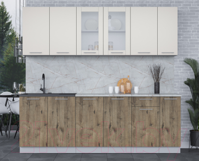 Кухонный гарнитур Интерлиния Мила 23 (персидский жемчуг/дуб веллингтон/серый каспий)