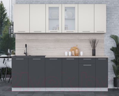 Кухонный гарнитур Интерлиния Мила 23 (персидский жемчуг/антрацит/травертин серый)