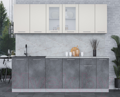 Кухонный гарнитур Интерлиния Мила 23 (персидский жемчуг/бетон портленд/серый каспий)