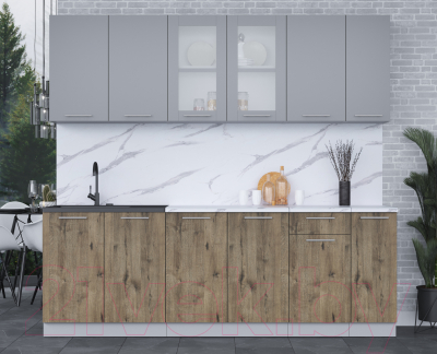 Кухонный гарнитур Интерлиния Мила 23 (серебро/дуб веллингтон/белый гранит)