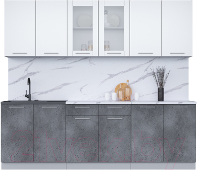 Кухонный гарнитур Интерлиния Мила 24 (белый платинум/бетон портленд/белый гранит) - фото