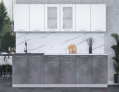 Кухонный гарнитур Интерлиния Мила 24 (белый платинум/бетон портленд/белый гранит)