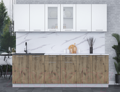 Кухонный гарнитур Интерлиния Мила 24 (белый платинум/дуб веллингтон/белый гранит)