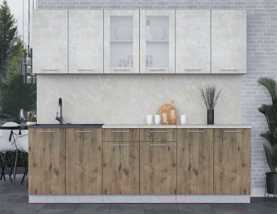 Кухонный гарнитур Интерлиния Мила 24 (бетон лайт/дуб веллингтон/опал светлый)