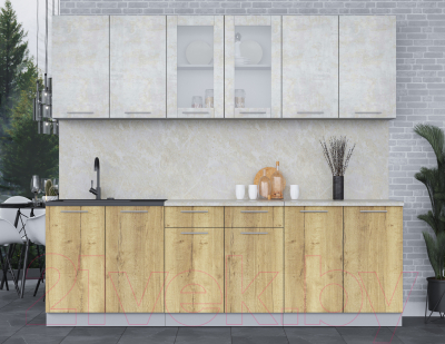 Кухонный гарнитур Интерлиния Мила 24 (бетон лайт/дуб золотой/опал светлый)