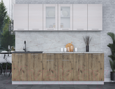 Кухонный гарнитур Интерлиния Мила 24 (вудлайн кремовый/дуб веллингтон/серый каспий)