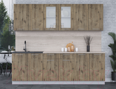 Кухонный гарнитур Интерлиния Мила 24 (дуб веллингтон/дуб веллингтон/травертин серый)