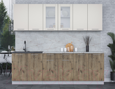 Кухонный гарнитур Интерлиния Мила 24 (персидский жемчуг/дуб веллингтон/серый каспий)