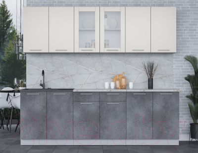 Кухонный гарнитур Интерлиния Мила 24 (персидский жемчуг/бетон портленд/серый каспий)