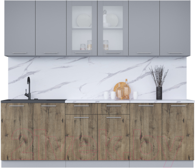 Кухонный гарнитур Интерлиния Мила 24 (серебро/дуб веллингтон/белый гранит) - фото