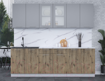 Кухонный гарнитур Интерлиния Мила 24 (серебро/дуб веллингтон/белый гранит)