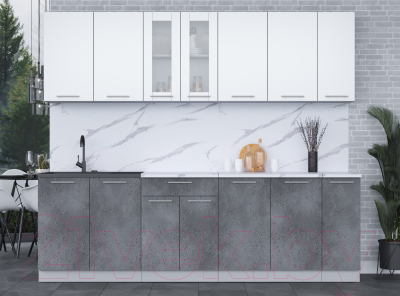 Кухонный гарнитур Интерлиния Мила 25 (белый платинум/бетон портленд/белый гранит)