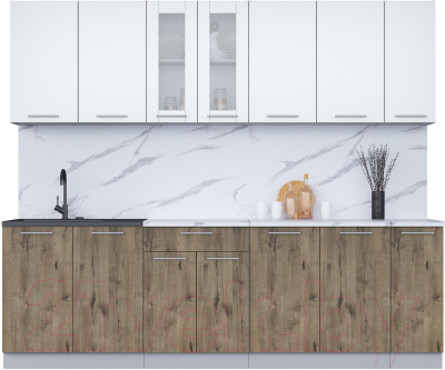 Кухонный гарнитур Интерлиния Мила 25 (белый платинум/дуб веллингтон/белый гранит) - фото