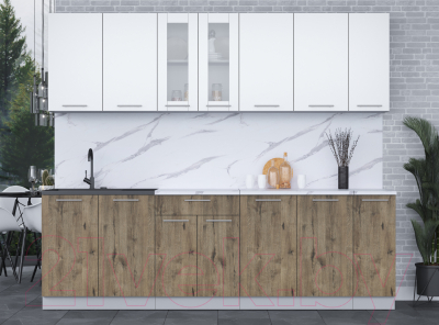 Кухонный гарнитур Интерлиния Мила 25 (белый платинум/дуб веллингтон/белый гранит)