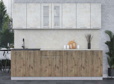 Кухонный гарнитур Интерлиния Мила 25 (бетон лайт/дуб веллингтон/опал светлый)