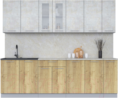 Кухонный гарнитур Интерлиния Мила 25 (бетон лайт/дуб золотой/опал светлый) - фото
