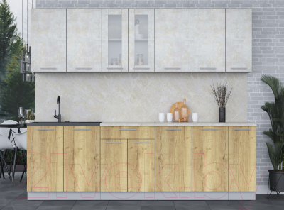 Кухонный гарнитур Интерлиния Мила 25 (бетон лайт/дуб золотой/опал светлый)