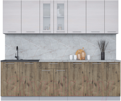 Кухонный гарнитур Интерлиния Мила 25 (вудлайн кремовый/дуб веллингтон/серый каспий) - фото