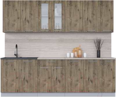 Кухонный гарнитур Интерлиния Мила 25 (дуб веллингтон/дуб веллингтон/травертин серый) - фото