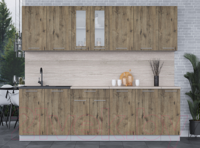 Кухонный гарнитур Интерлиния Мила 25 (дуб веллингтон/дуб веллингтон/травертин серый)