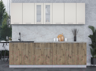 Кухонный гарнитур Интерлиния Мила 25 (персидский жемчуг/дуб веллингтон/серый каспий)