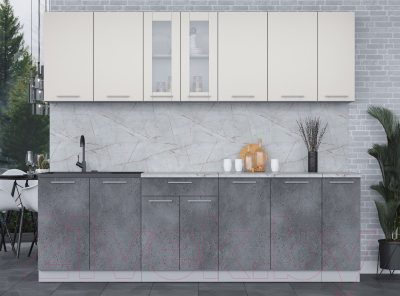 Кухонный гарнитур Интерлиния Мила 25 (персидский жемчуг/бетон портленд/серый каспий)