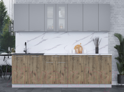 Кухонный гарнитур Интерлиния Мила 25 (серебро/дуб веллингтон/белый гранит)