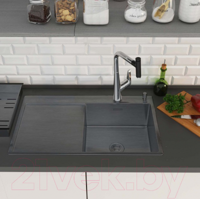 Мойка кухонная Roxen Vespa 560230-70RB PVD с коландером и дозатором (графит)