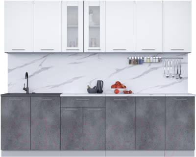 Кухонный гарнитур Интерлиния Мила 26 (белый платинум/бетон портленд/белый гранит) - фото