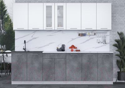 Кухонный гарнитур Интерлиния Мила 26 (белый платинум/бетон портленд/белый гранит)